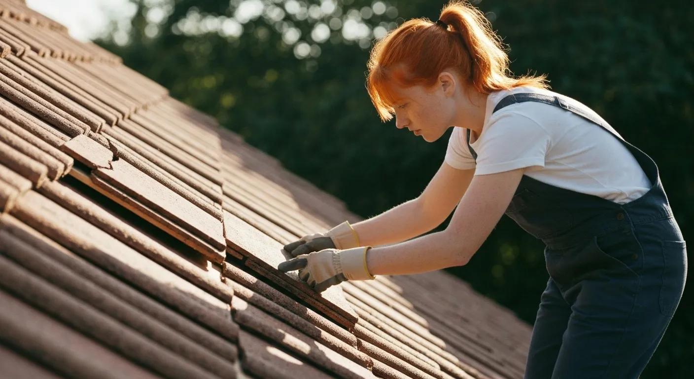 Homeowner performing DIY roof repair by replacing cracked tiles on a sloped roof