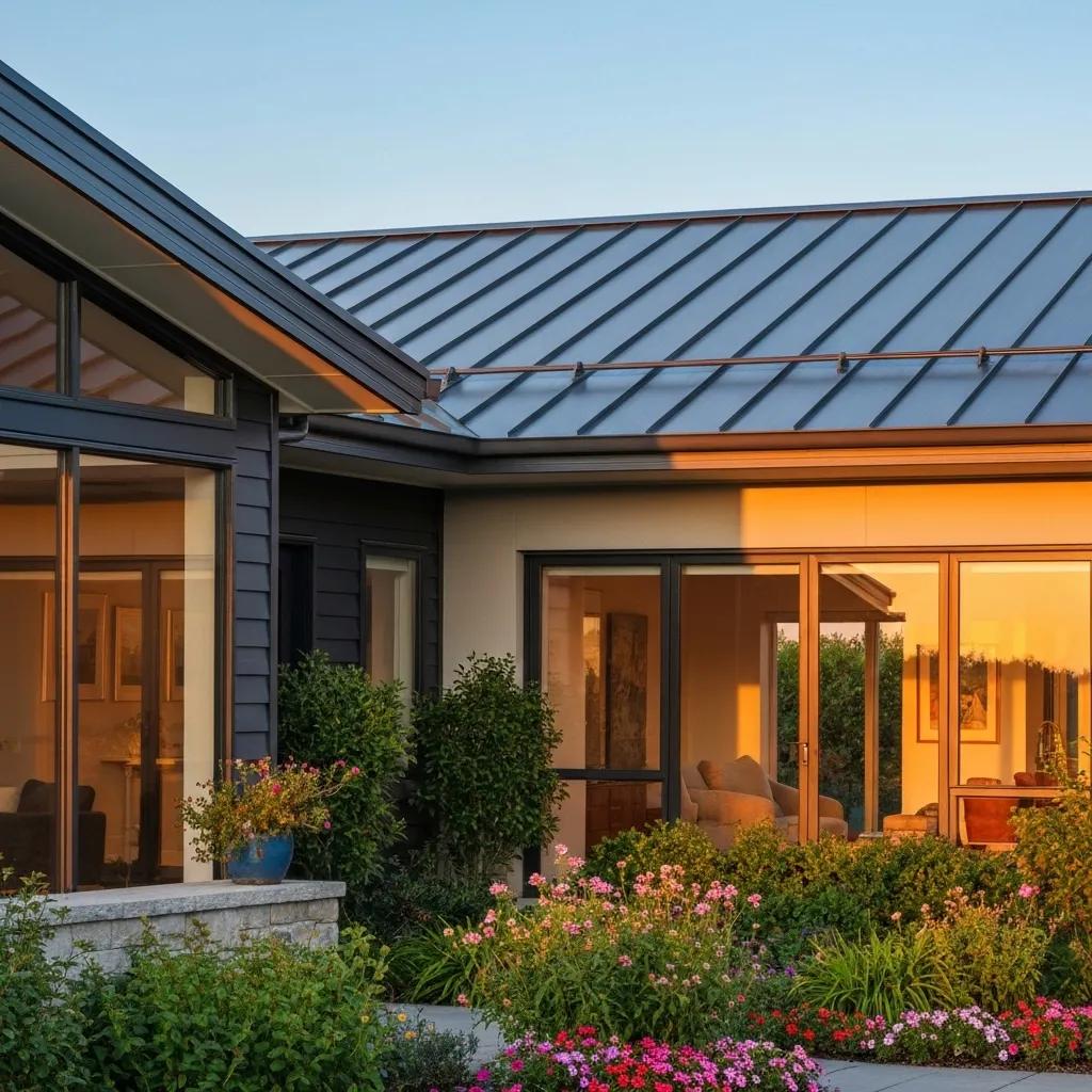 Modern home with a standing-seam metal roof, emphasizing durability and sleek design in a sunny garden setting