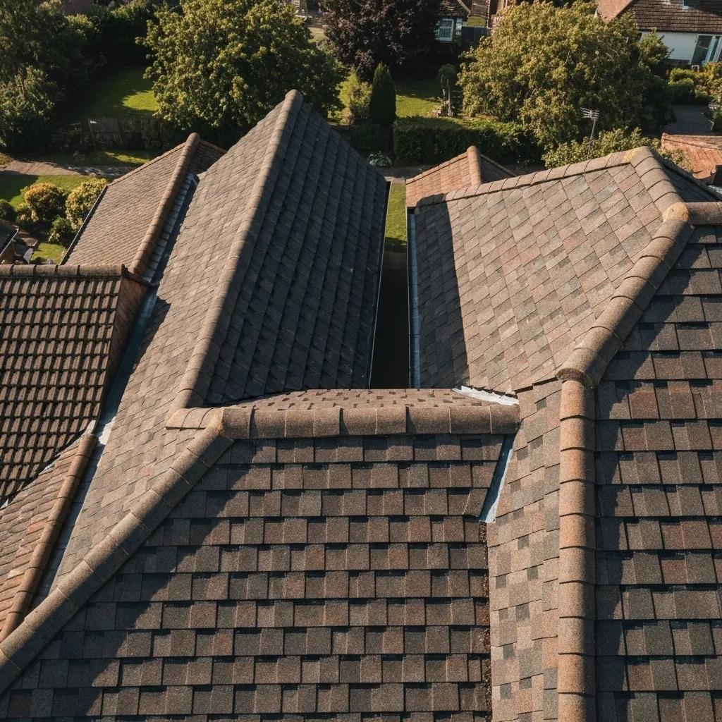 Close-up of various roofing materials like asphalt shingles and metal roofing on a residential home