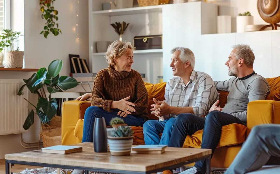 Brisbane homeowners discussing roof replacement financing options with a specialist in a cozy living room