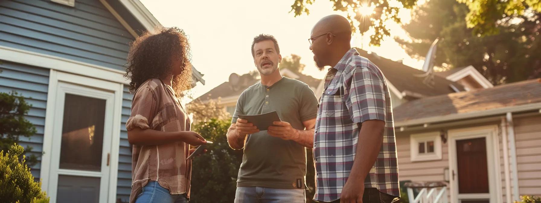Contractor explaining interest-free roofing payment plans to a couple in their backyard