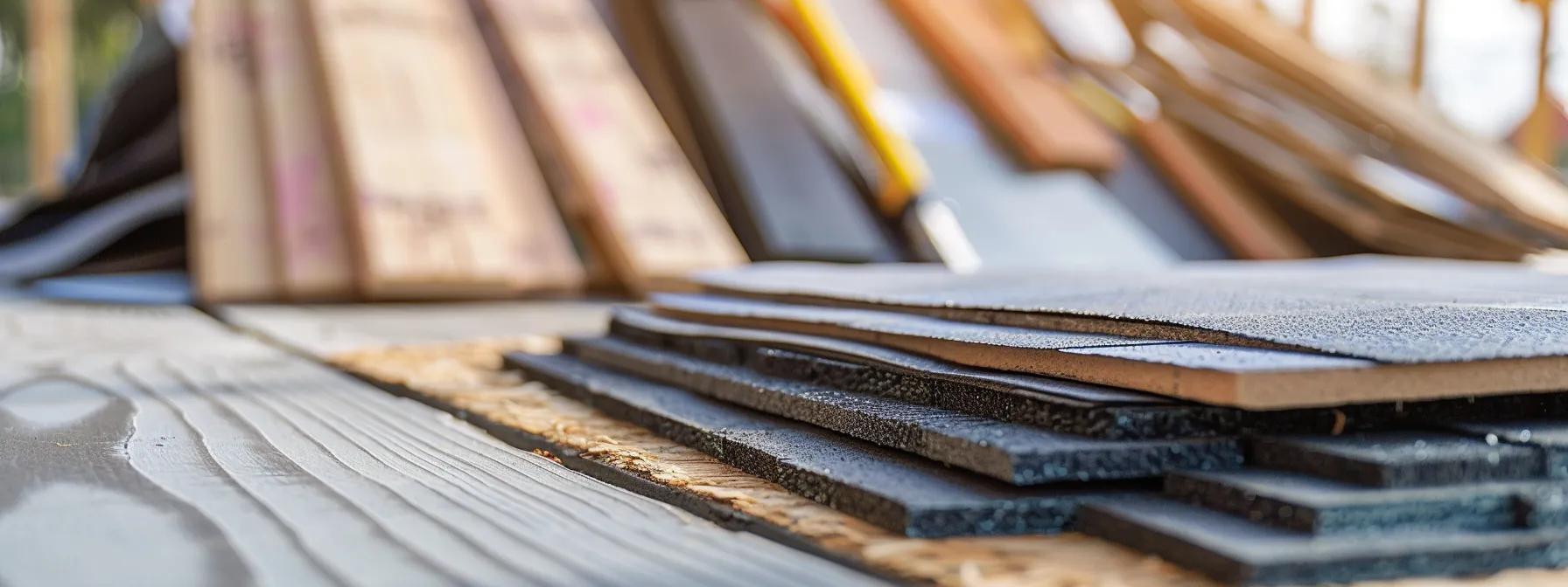 Detailed roofing estimate document with roofing materials on a table