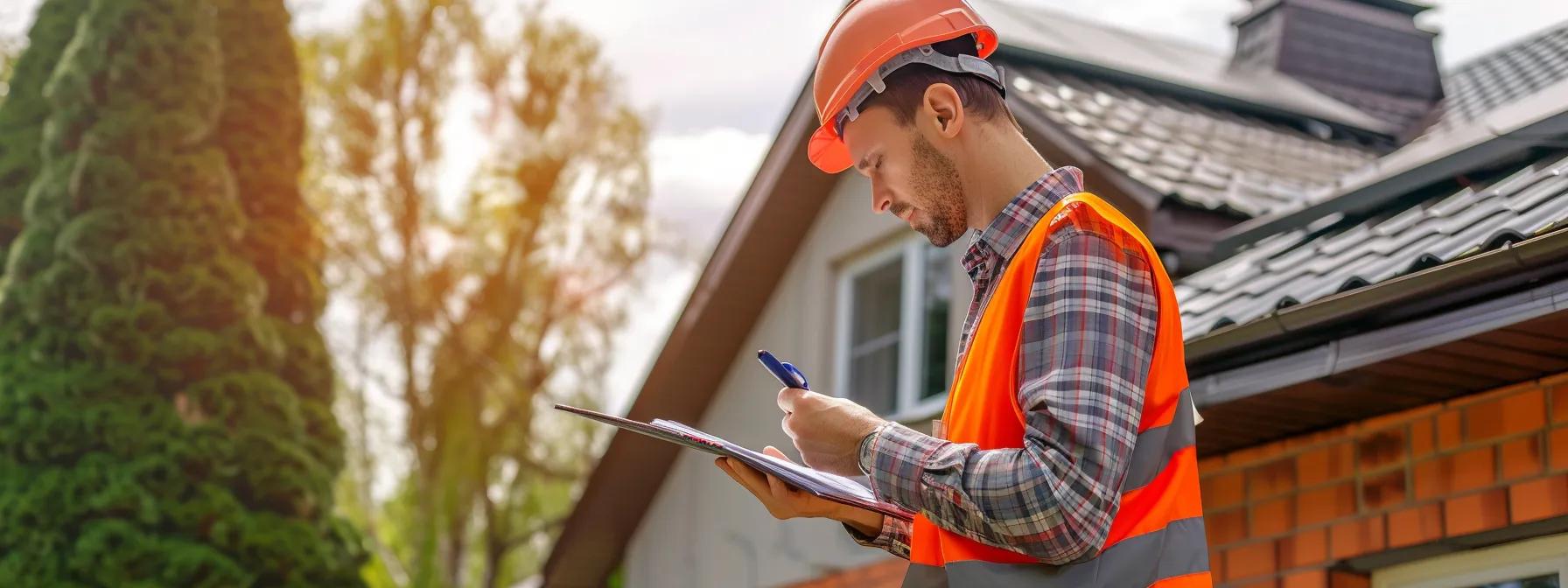 Roofing inspector examining a roof and taking notes in a residential area