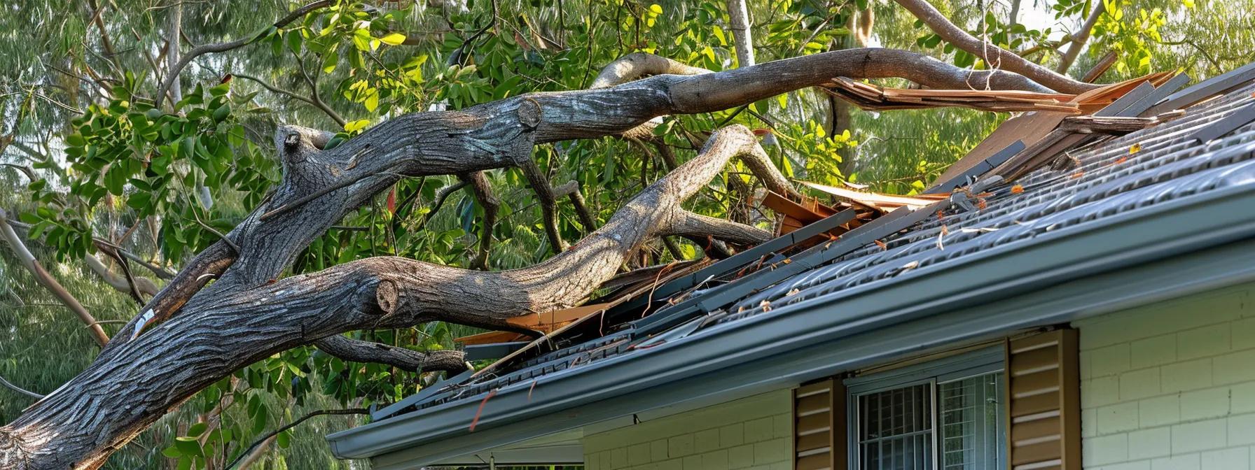 Illustration of common causes of emergency roof damage in Brisbane including hail, wind, and fallen trees