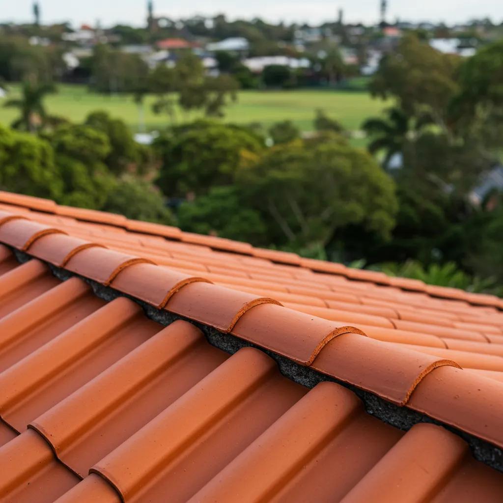 Close-up of terracotta tiles on a roof, showcasing their texture and color against a lush Brisbane landscape