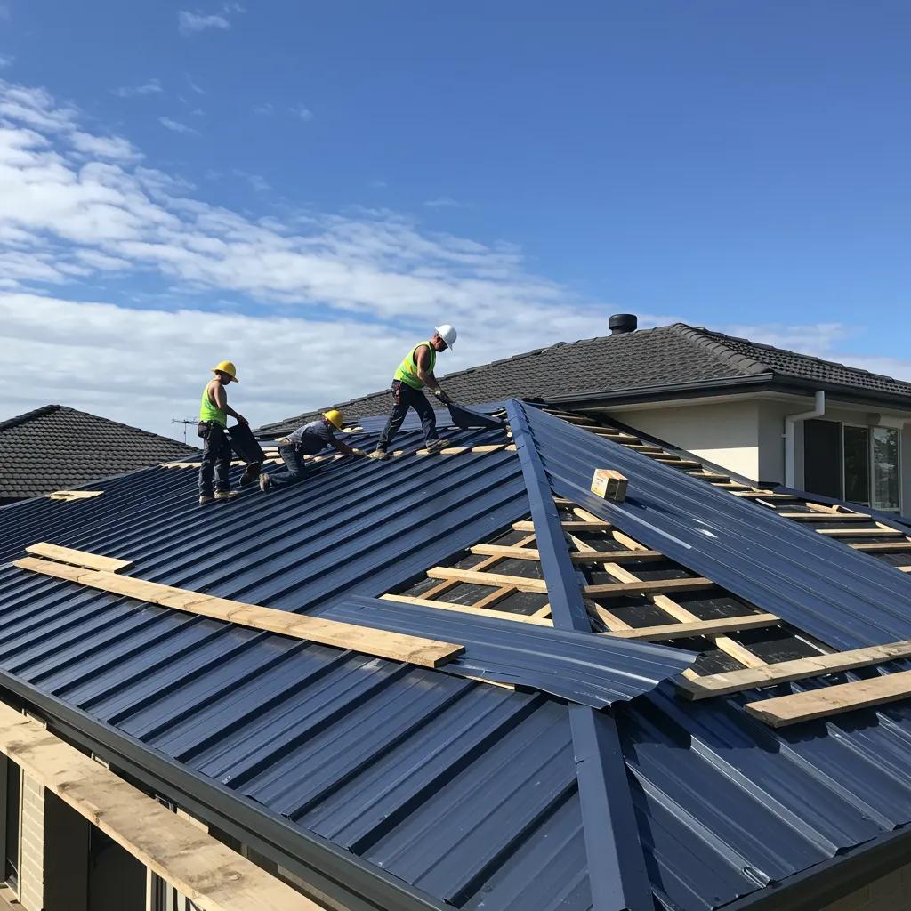 Colorbond roofing installation showing workers laying metal sheets on a suburban home