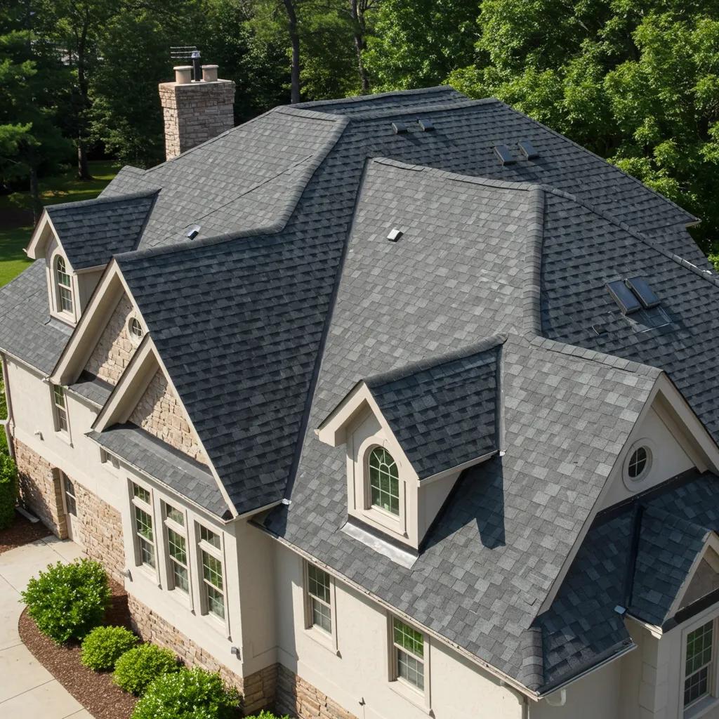 Complex roof design featuring multiple slopes and dormers, illustrating the intricacies of roofing installation