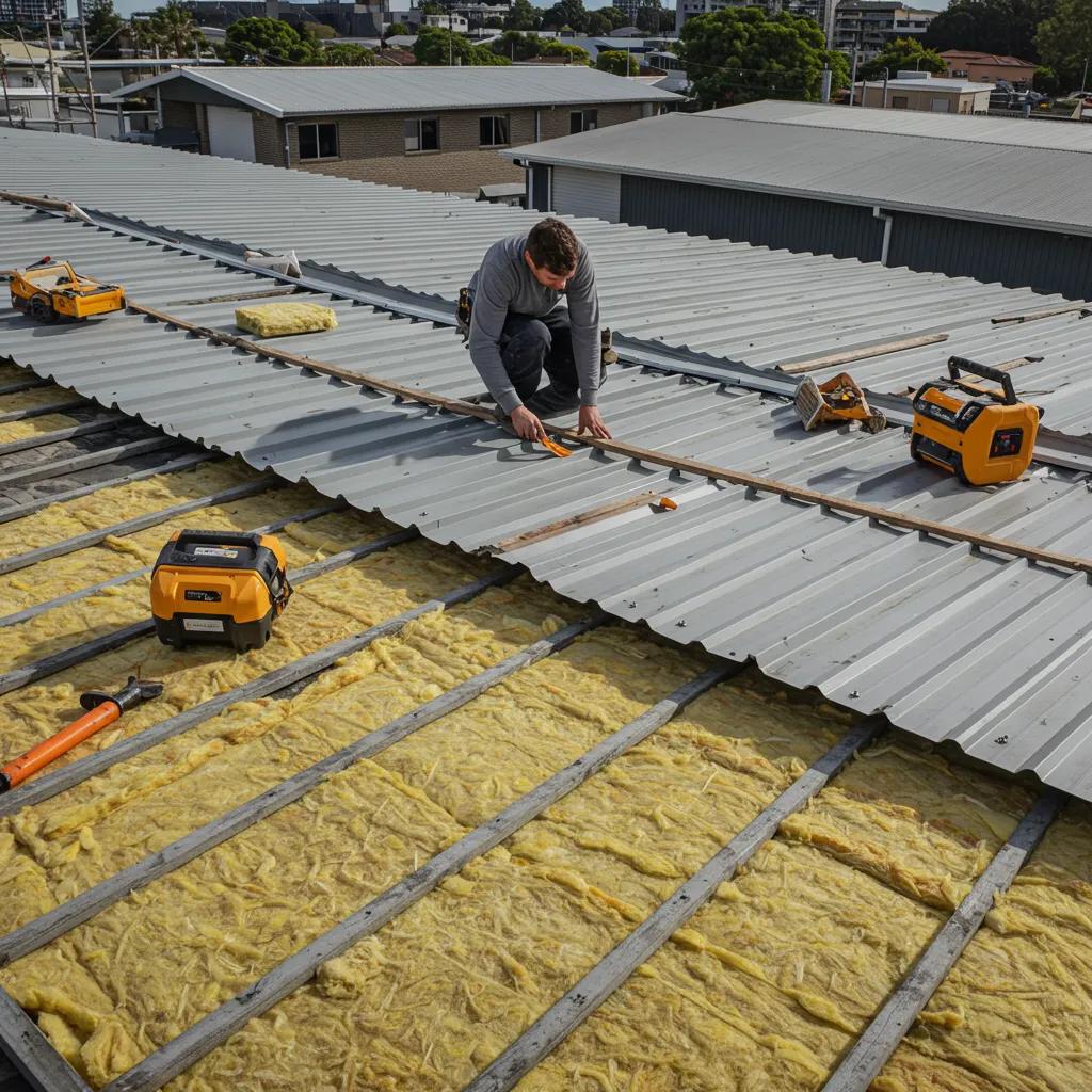 Construction worker assessing a commercial roof, surrounded by roofing materials, emphasizing cost factors in replacement