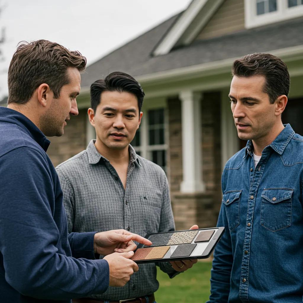 Contractor discussing roofing options with a homeowner in front of a house