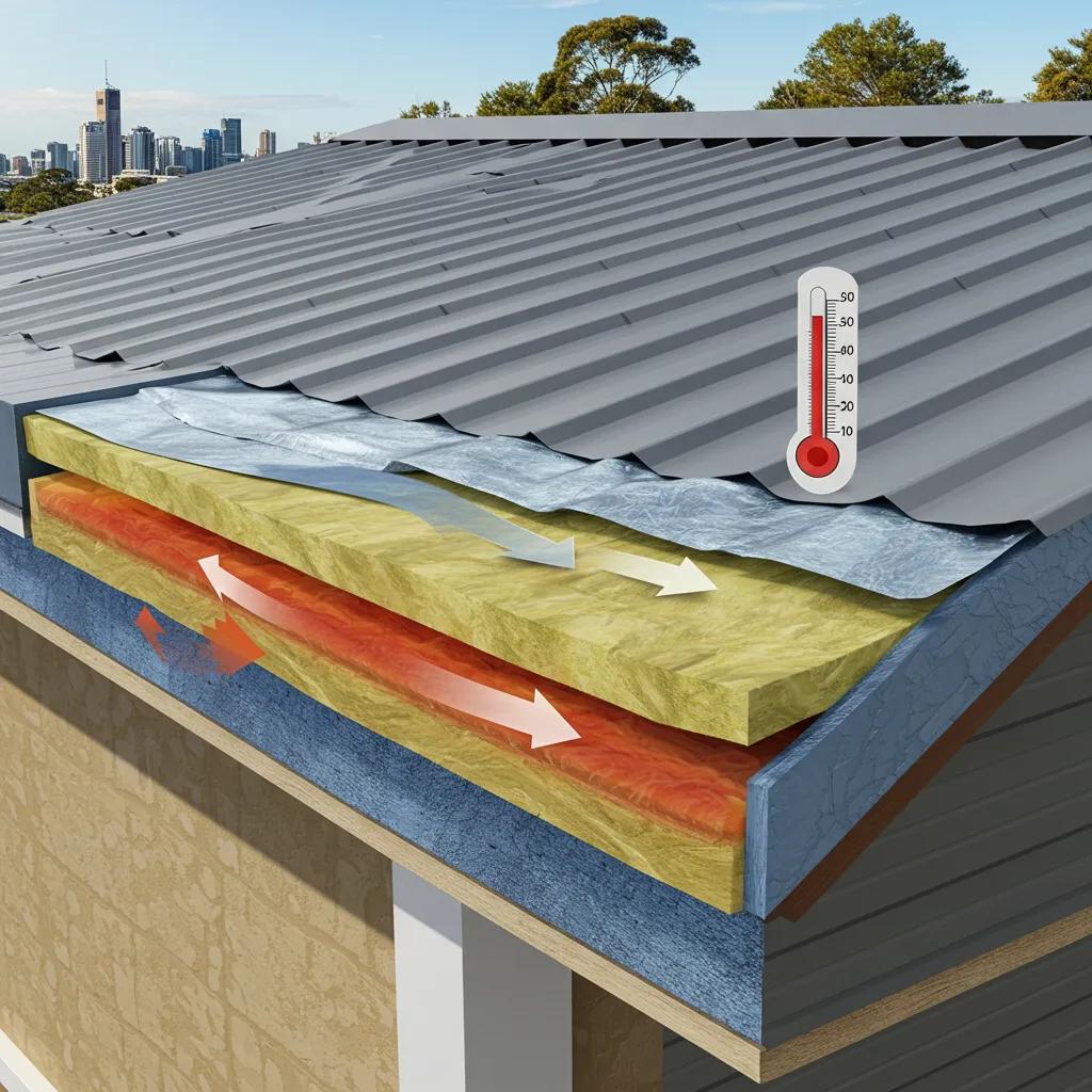 Cross-section of a metal roof showing insulation and heat reflection
