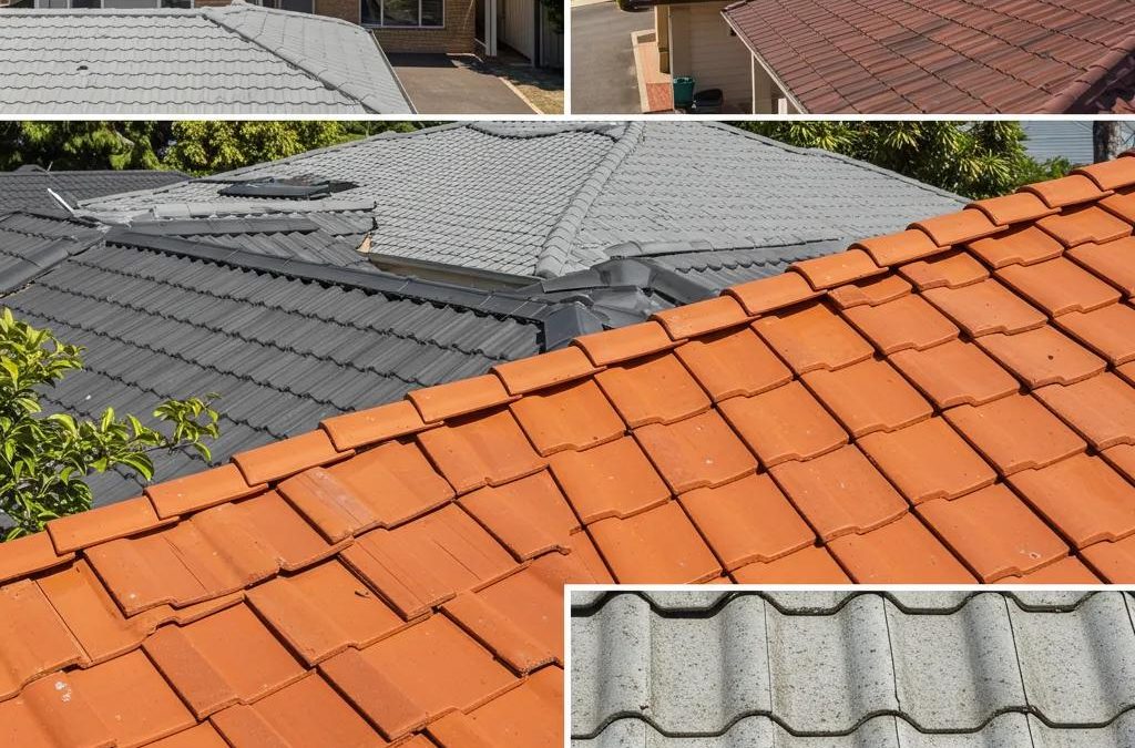 Diverse roofing materials in a sunny Brisbane neighborhood, showcasing Colorbond steel, terracotta, and concrete tiles