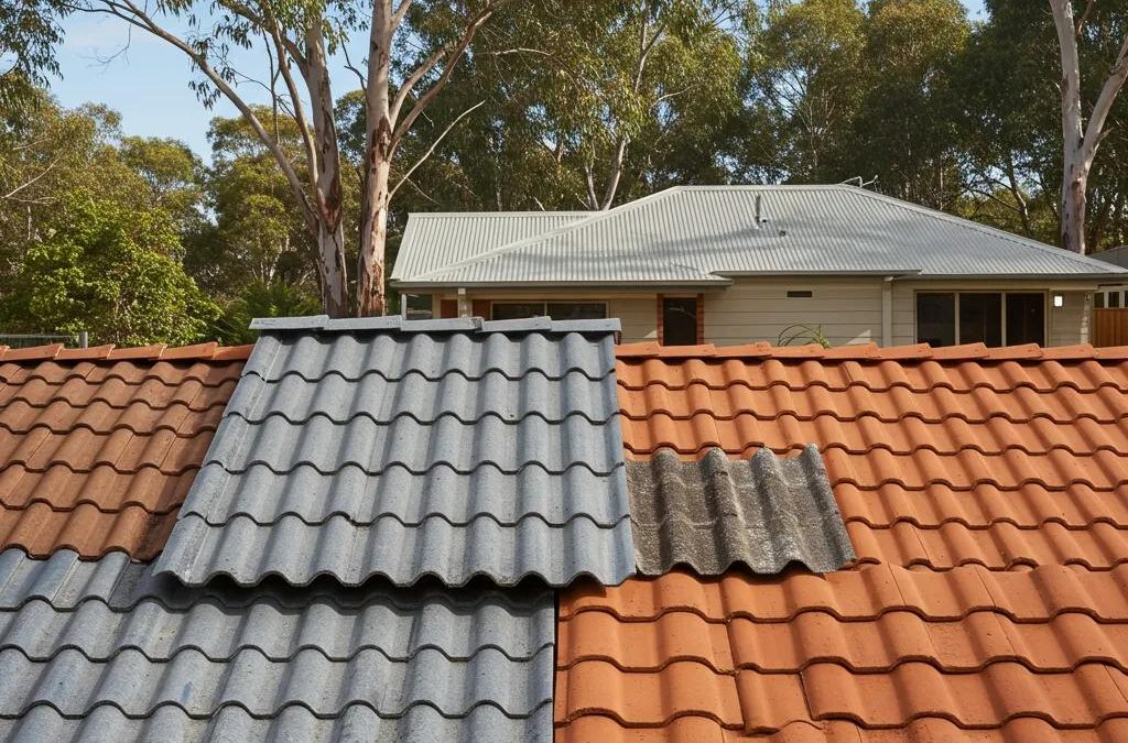 Diverse roofing materials including Colorbond, concrete tiles, and terracotta tiles displayed in an Australian landscape