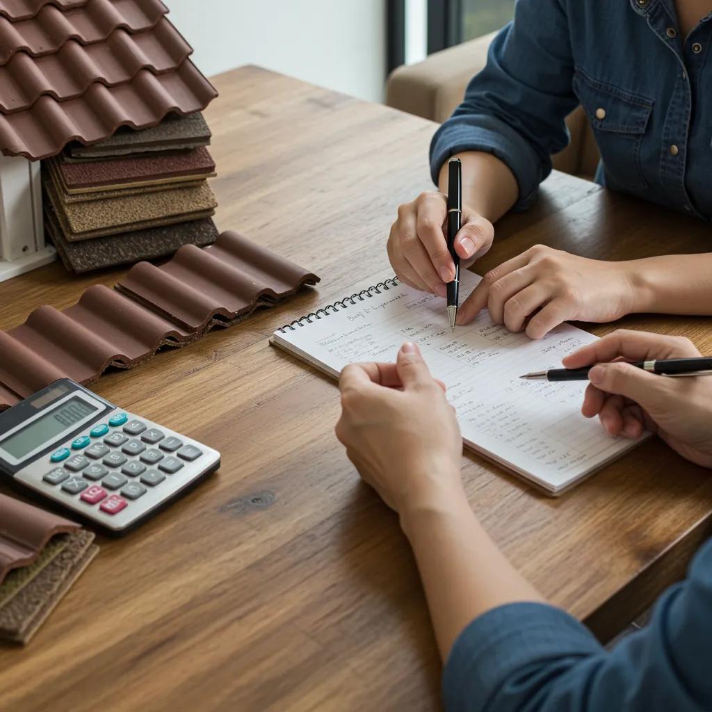 Homeowner and contractor discussing budget for tile roof replacement with roofing samples and calculator