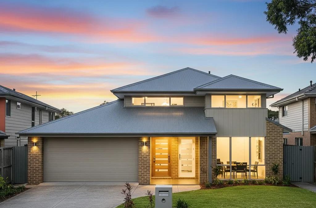 Modern Brisbane home featuring a sleek metal roof surrounded by greenery