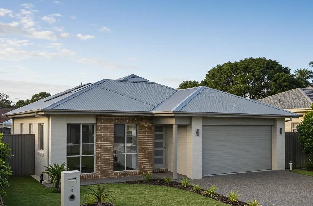 Modern Brisbane home with a newly installed Colorbond roof under a clear blue sky
