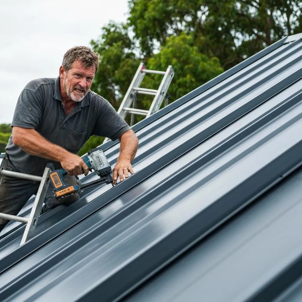 Professional contractor installing Colorbond steel roofing on a Brisbane home, demonstrating durability and modern design