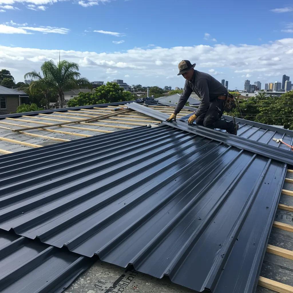 Professional installing Colorbond steel roofing in Brisbane, highlighting its reflective surface and durability