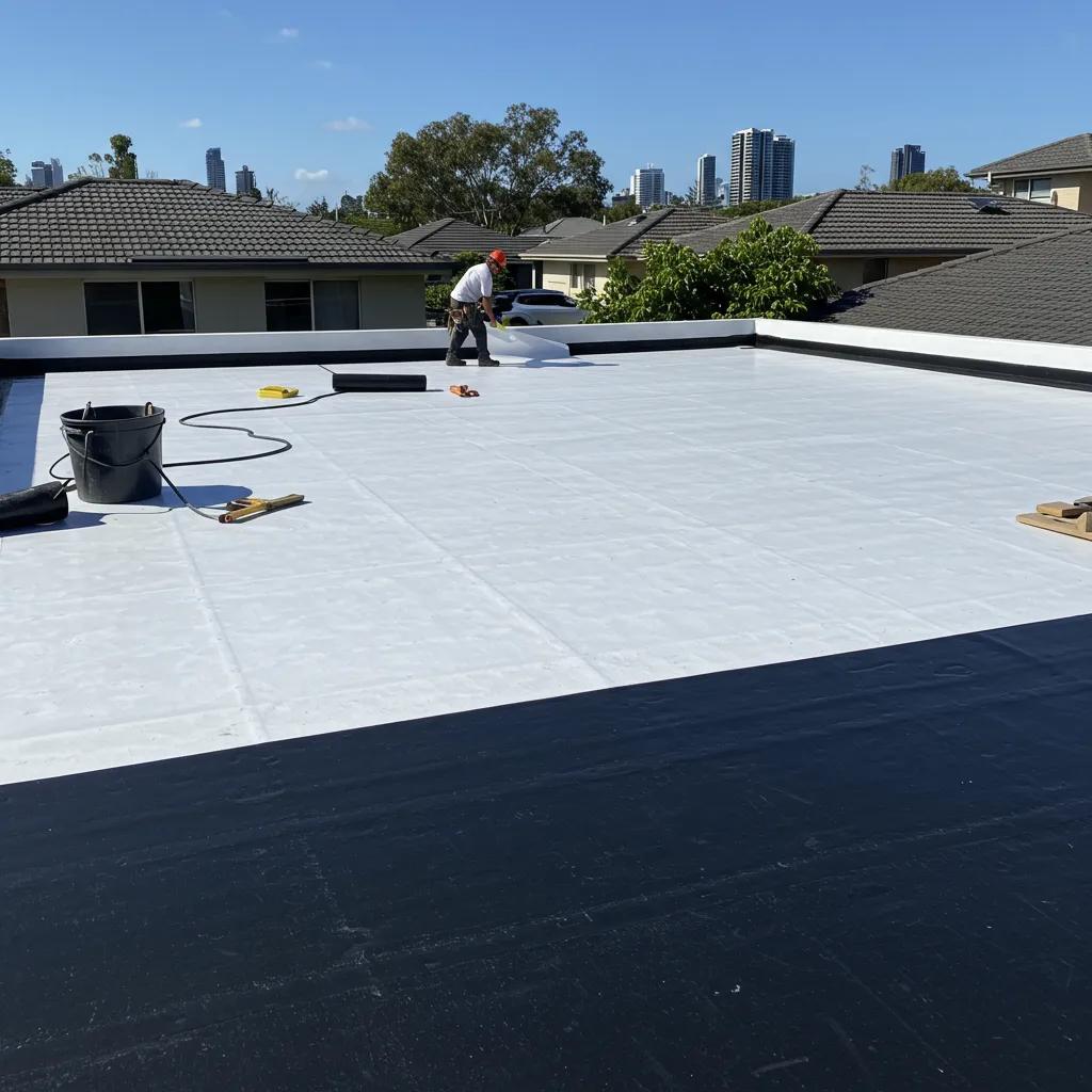 Professional roofer installing TPO roofing on a flat roof in Brisbane