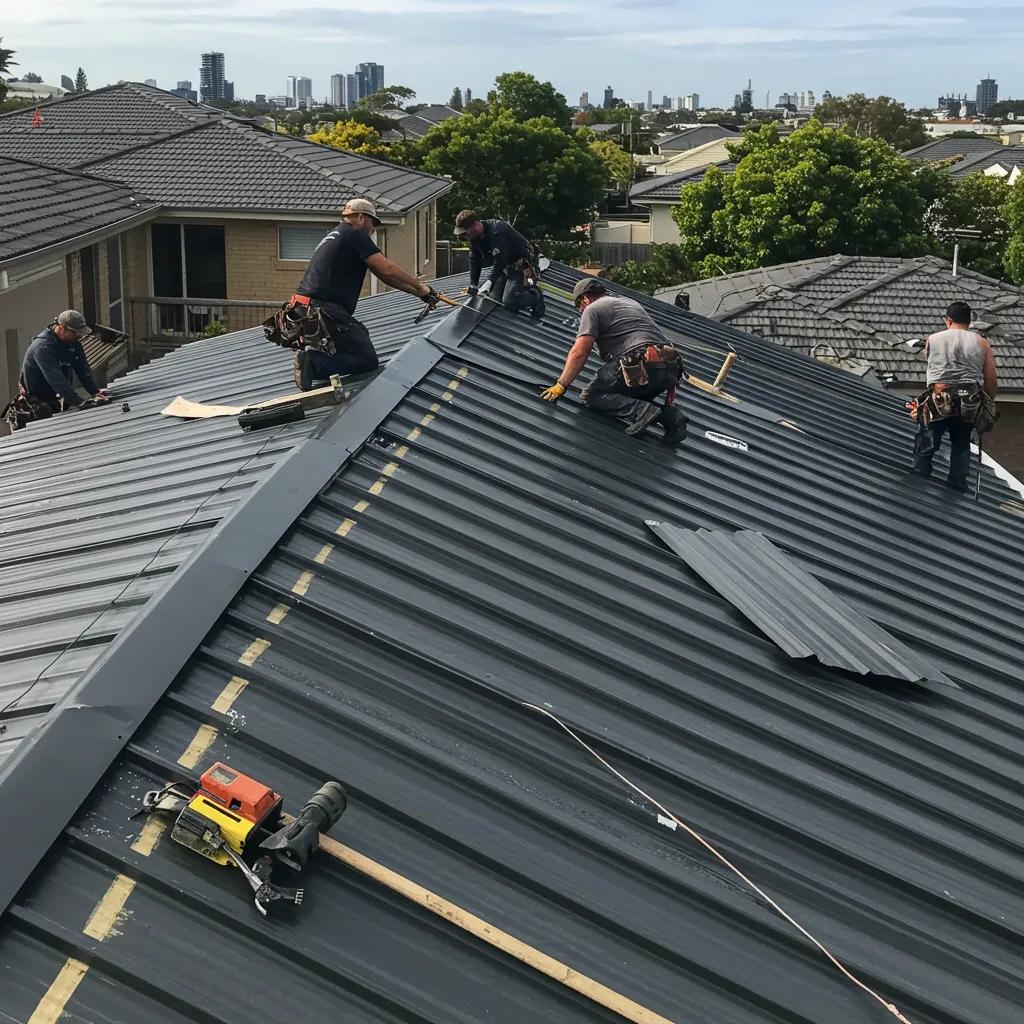 Professional team installing metal roofing panels on a residential home