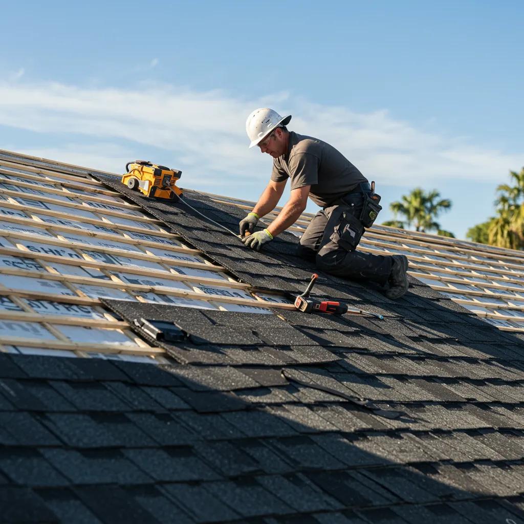 Professional technician installing asphalt shingles on a Brisbane home, demonstrating the roofing process