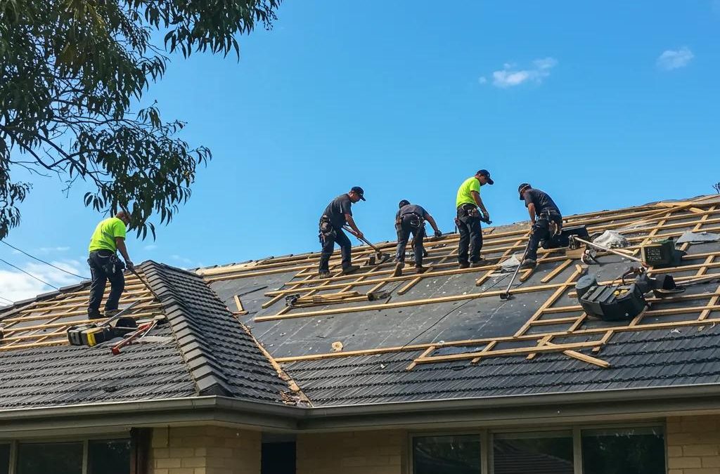 Roof replacement team working on a residential home in Brisbane, showcasing the process and tools involved