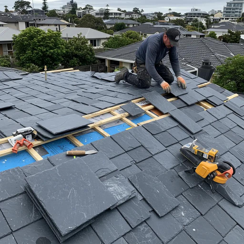Roofer installing natural slate tiles on a Brisbane home, showcasing the craftsmanship of slate roofing installation