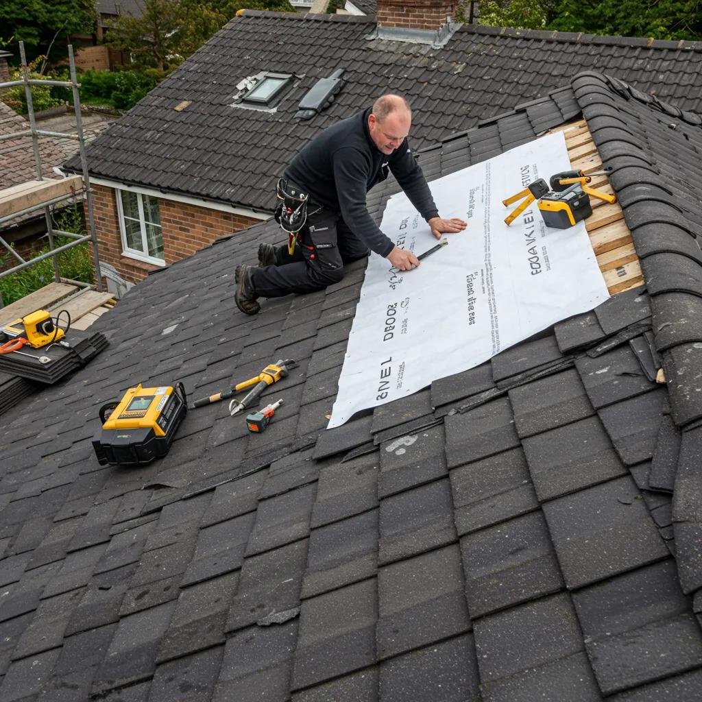Roofing contractor assessing a residential roof with tools and materials visible