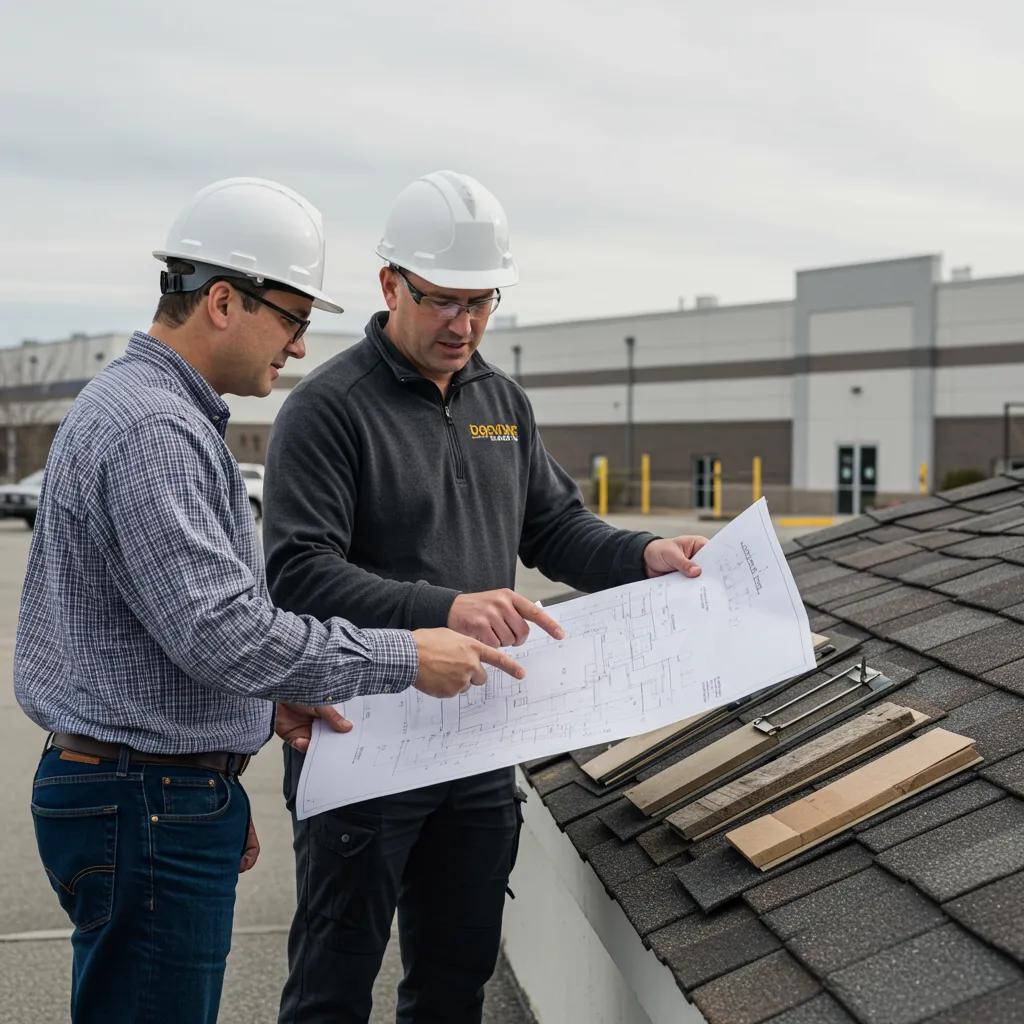 Roofing contractor consulting with a business owner on-site, emphasizing the selection process for commercial roofing