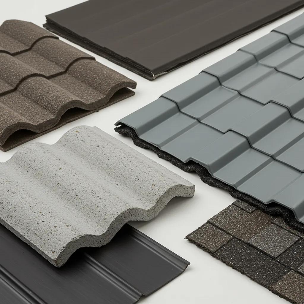 Samples of Colorbond steel, concrete tiles, and asphalt shingles representing roofing material options for Brisbane homes