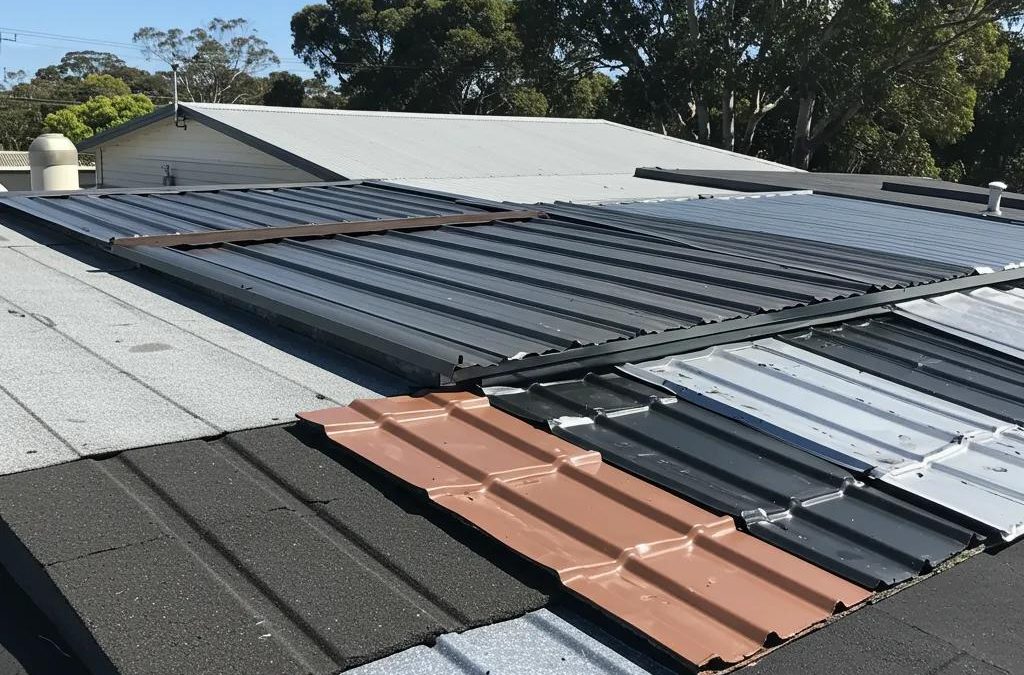 Various flat roof materials displayed outdoors under Brisbane's sunny climate