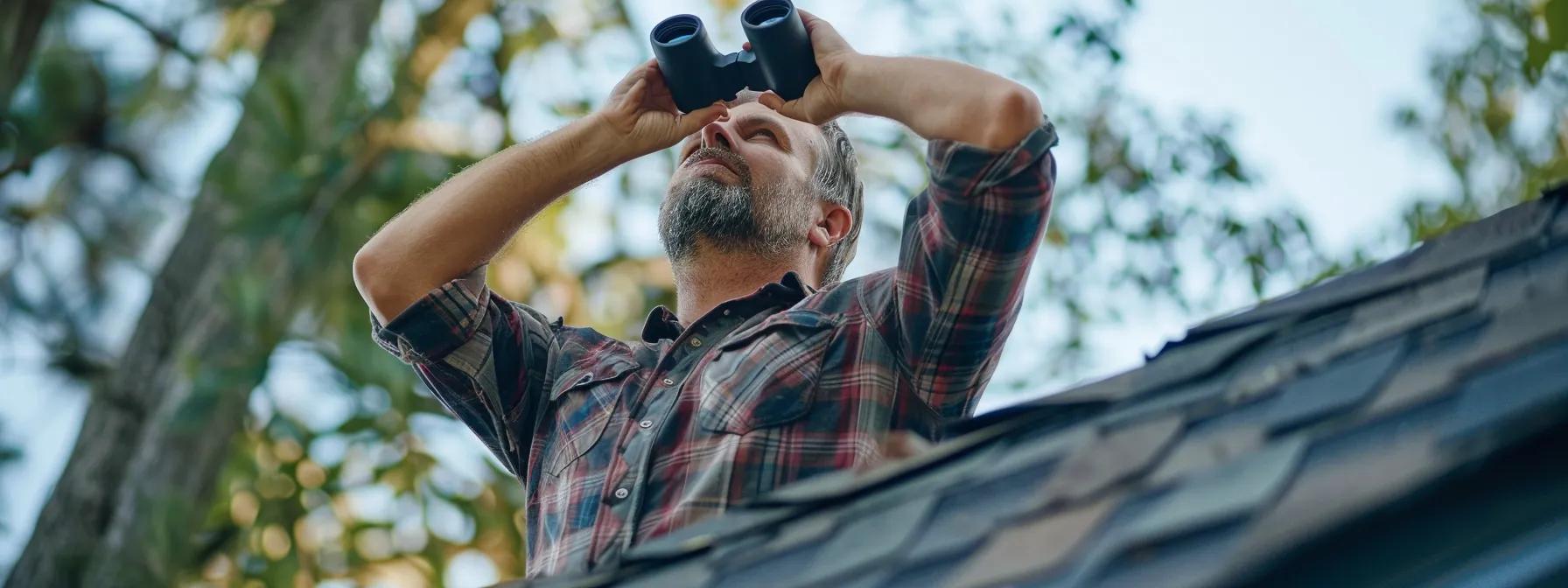 Homeowner inspecting roof damage with binoculars, emphasizing the importance of exterior roof inspections