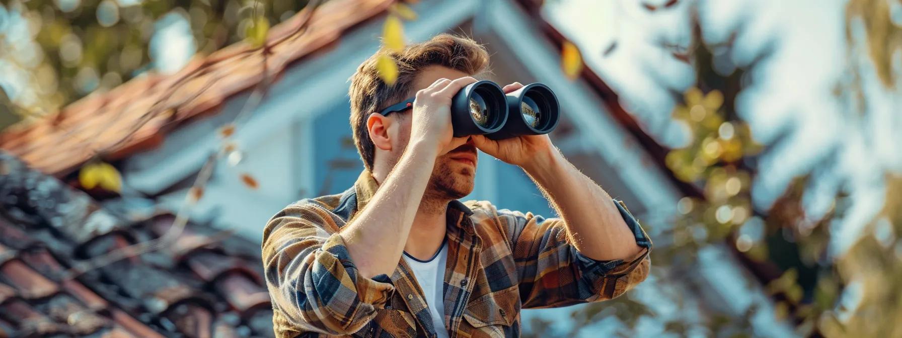 Homeowner performing a roof inspection using binoculars, emphasizing the importance of regular roof checks