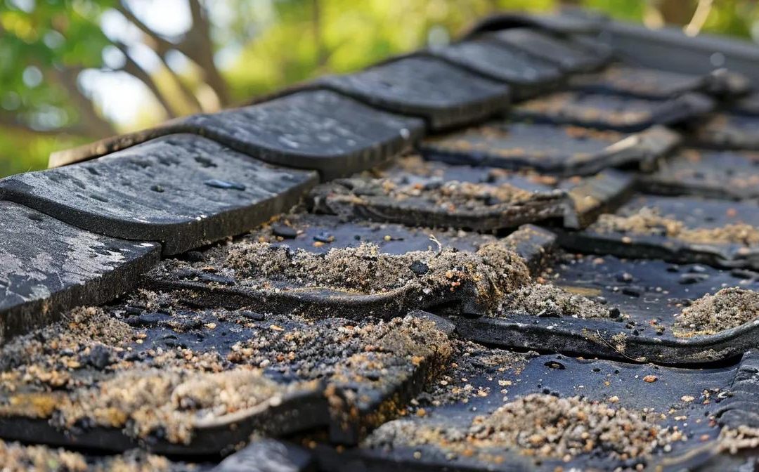 Brisbane home roof showing signs of wear, including curled shingles and granule loss, under sunny weather