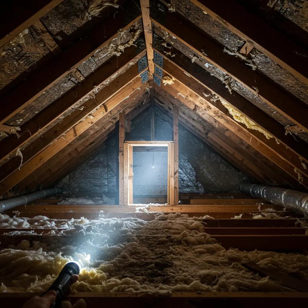 Attic showing damp insulation and water stains on the ceiling, indicating potential roof leaks and damage
