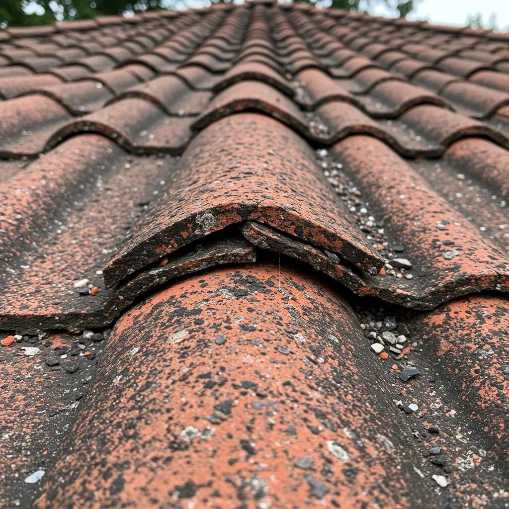 Close-up of a damaged roof showing cracked tiles and granule loss