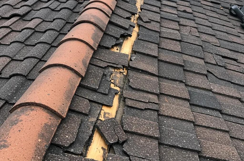 Close-up of a damaged roof with cracked tiles and missing shingles, highlighting key indicators of roof damage