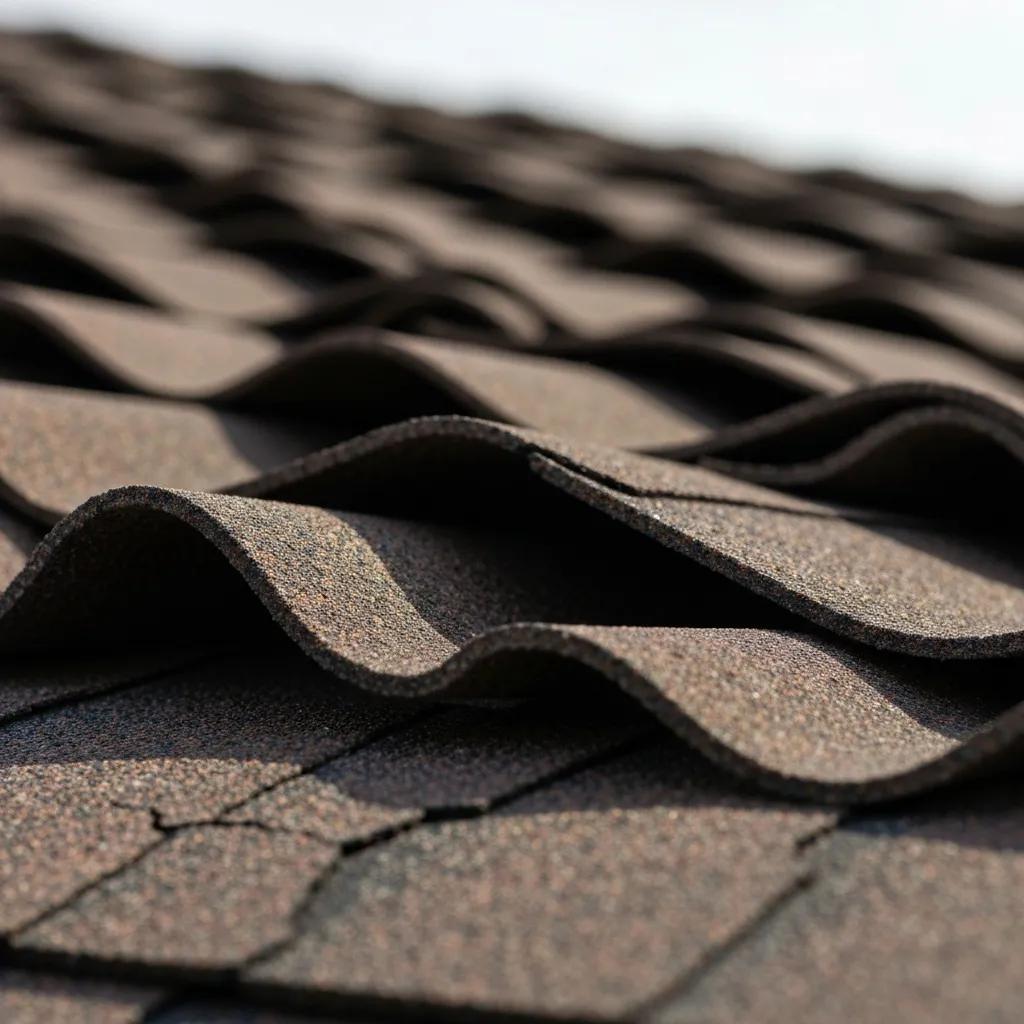 Close-up of curled and cracked roof shingles indicating damage and wear