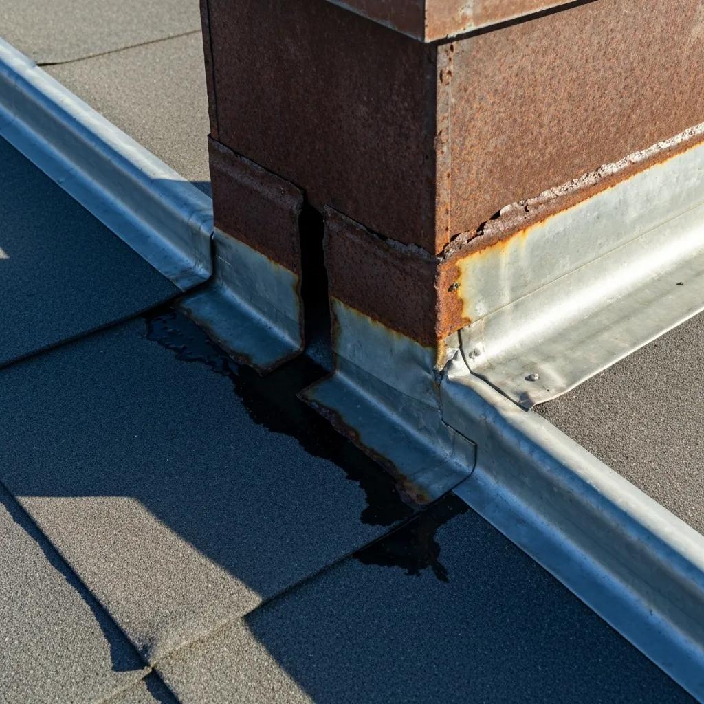 Damaged metal flashing around a chimney showing rust and gaps, contributing to roof failure