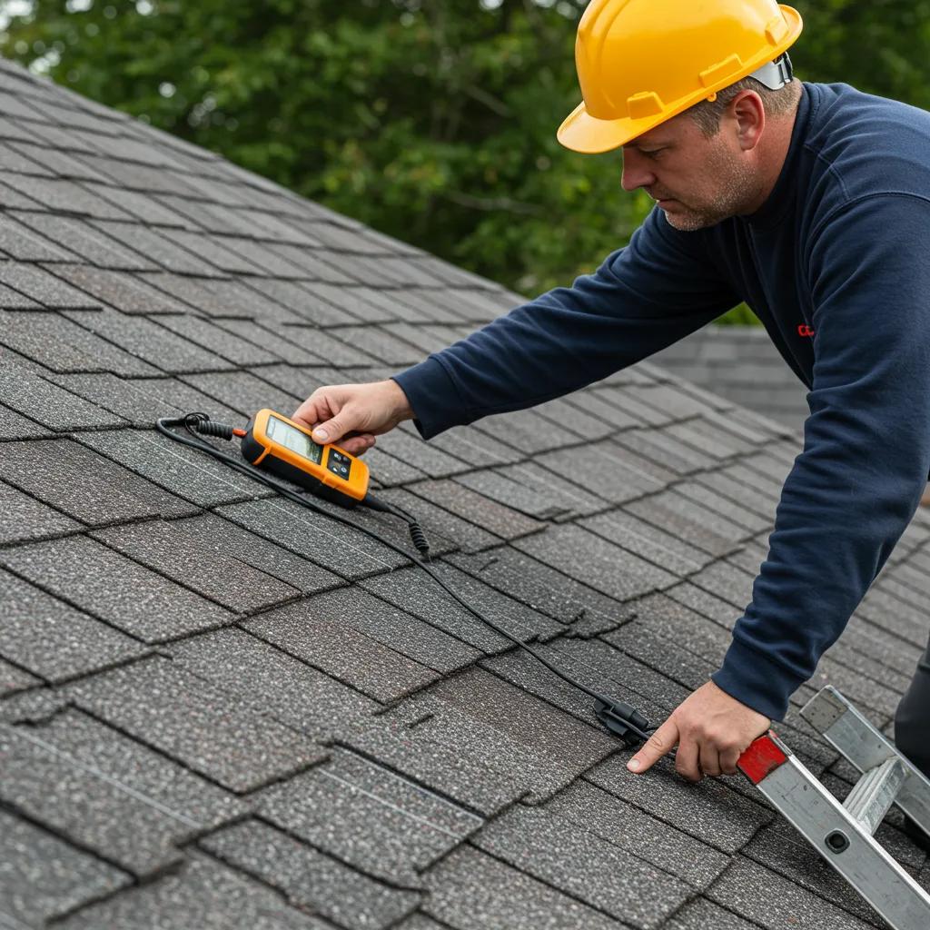 Professional roofer conducting a roof inspection with tools