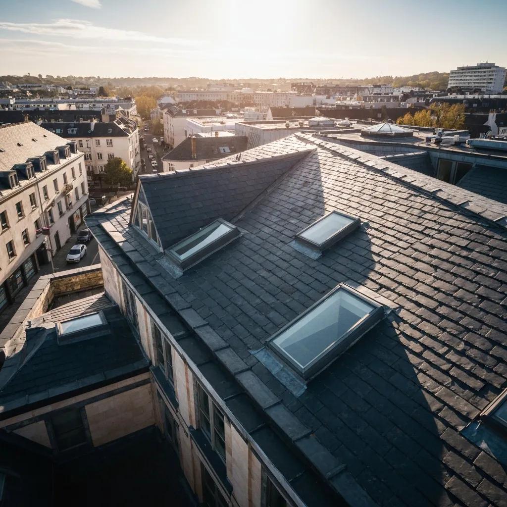 Visual representation of environmental stressors affecting roofs, including wind, hail, and UV exposure